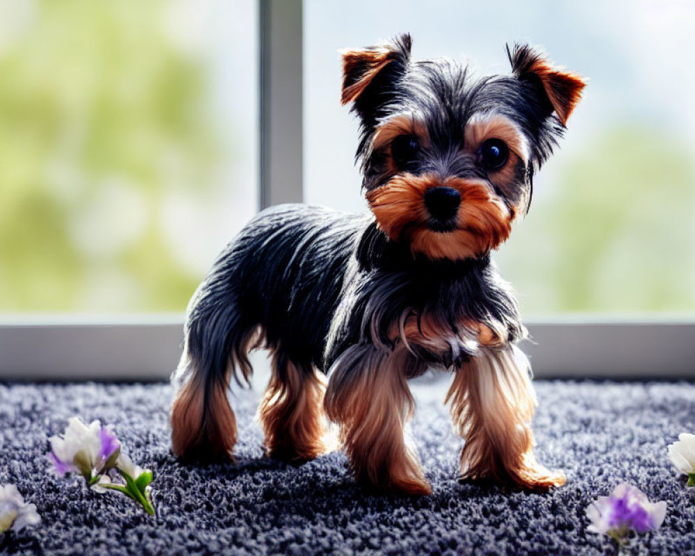 Small Yorkshire Terrier on Shaggy Carpet with Flowers and Blurred Window View