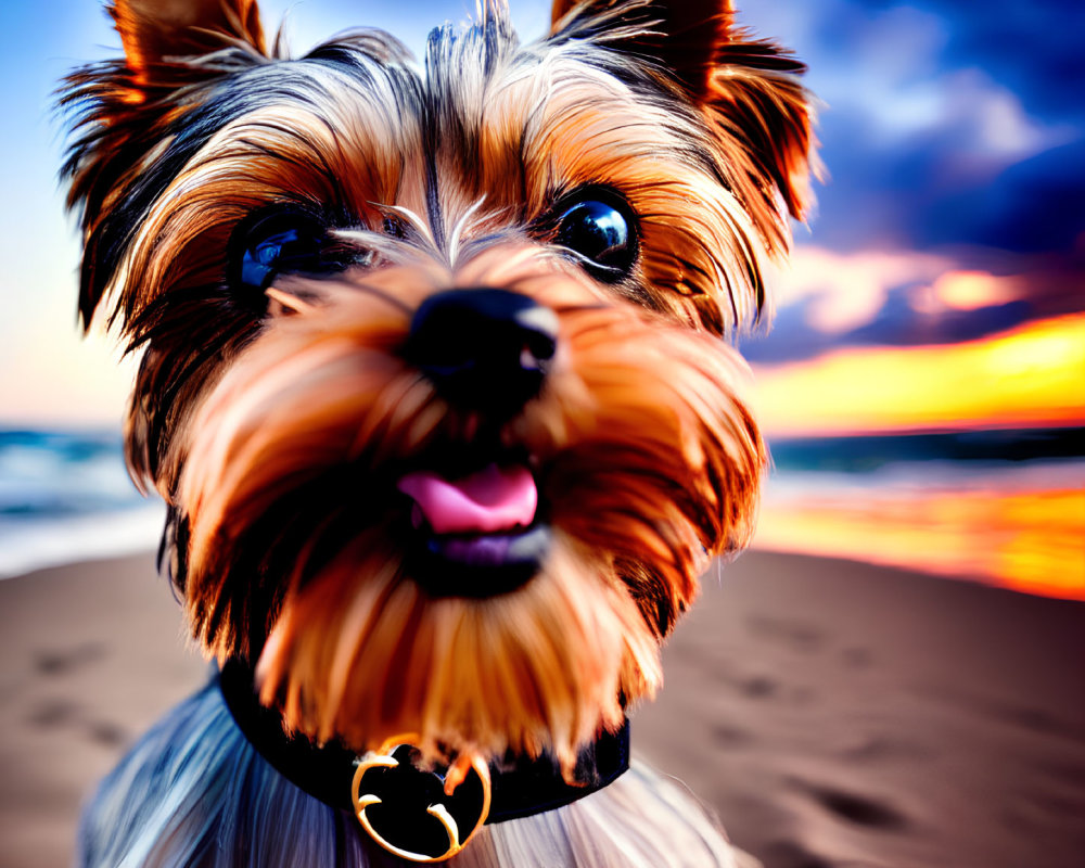 Yorkshire Terrier with glossy coat on beach at sunset with vibrant skies