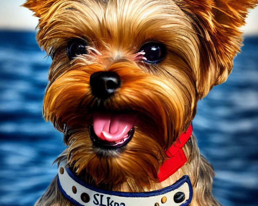 Yorkshire Terrier with red collar against blue water background
