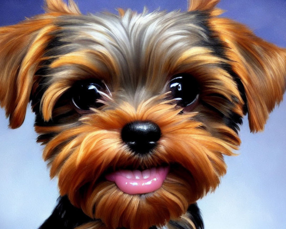 Yorkshire Terrier with shiny coat, expressive eyes, small ears, and pink tongue.
