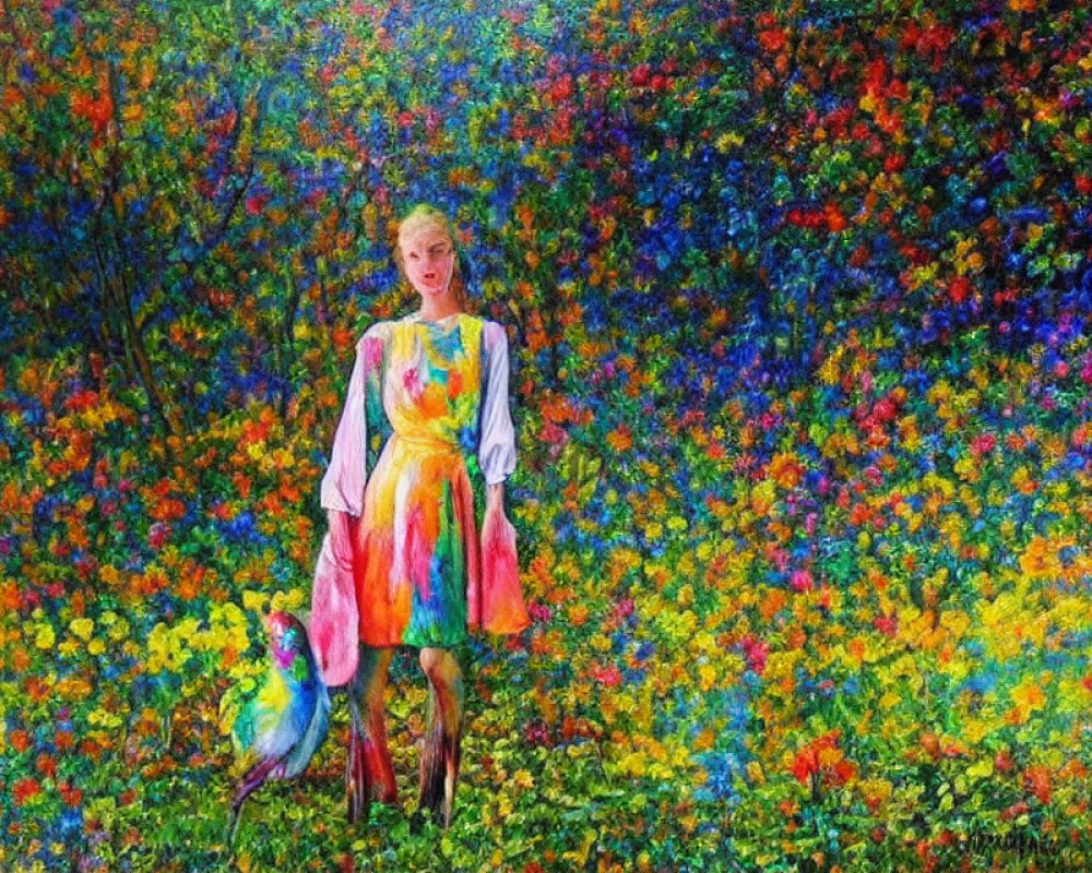 Colorful painting of woman in floral garden with parrot