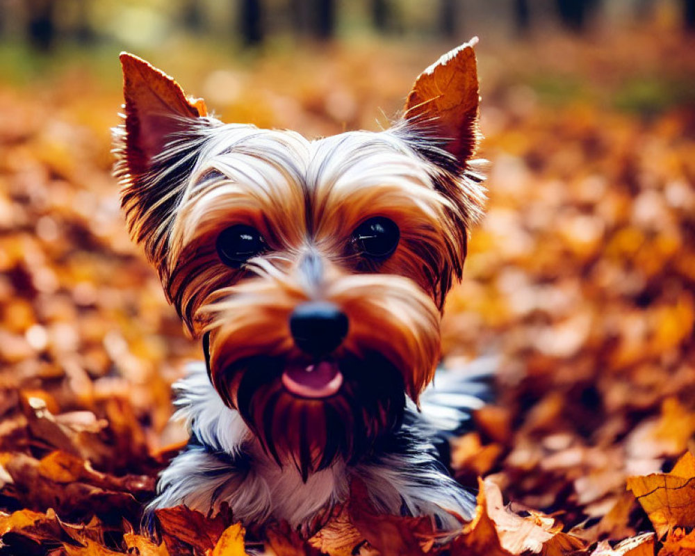Yorkshire Terrier in Autumn Leaves with Glossy Coat and Perked Ears