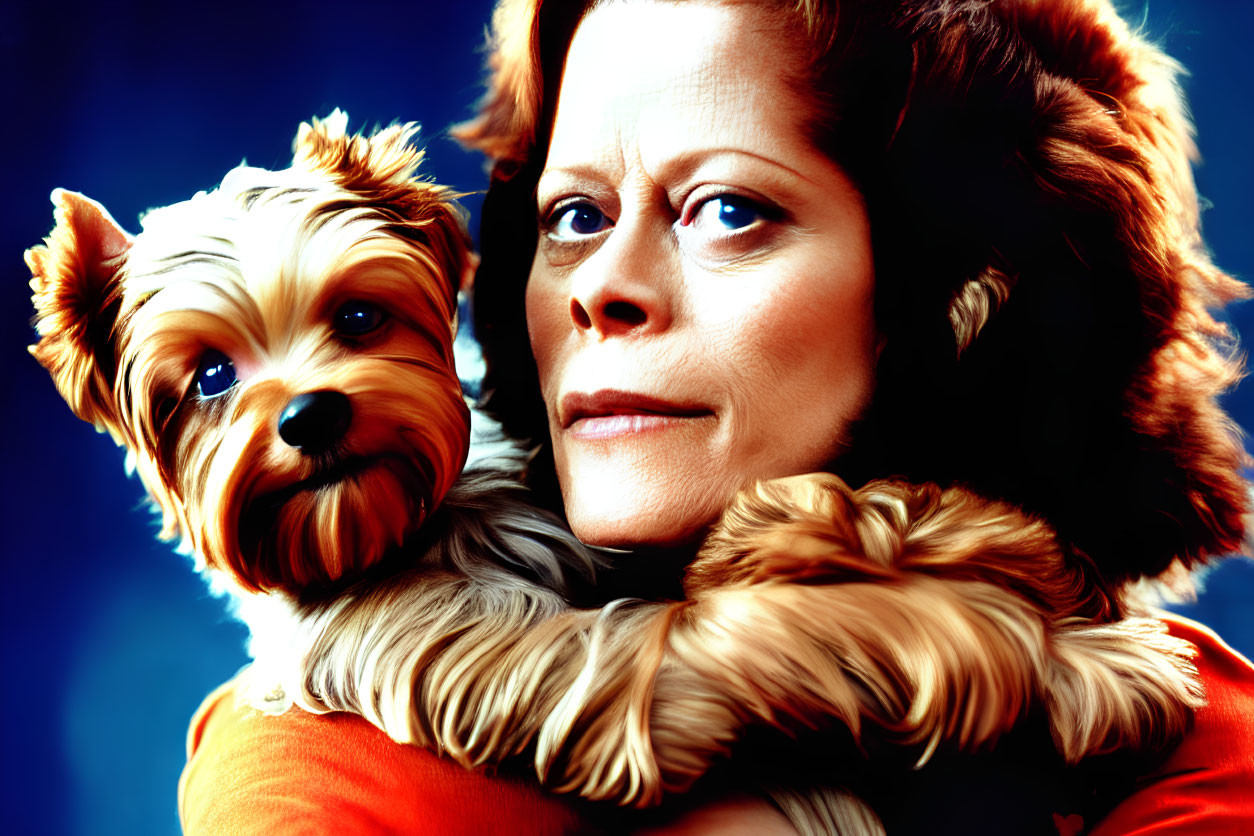 Intense gaze woman holding fluffy dog on blue background