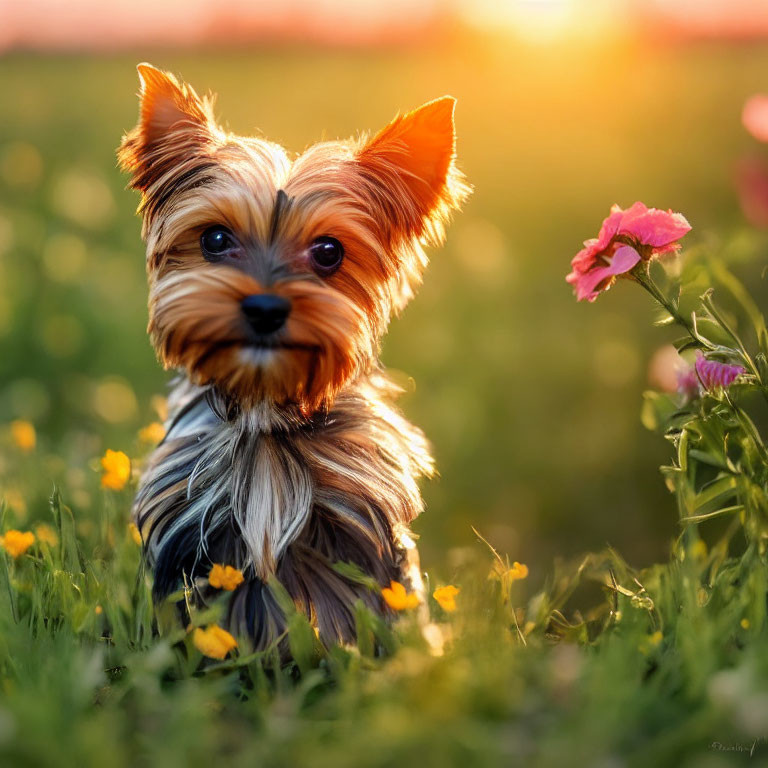 Yorkshire Terrier in Flower Field under Warm Sunlight