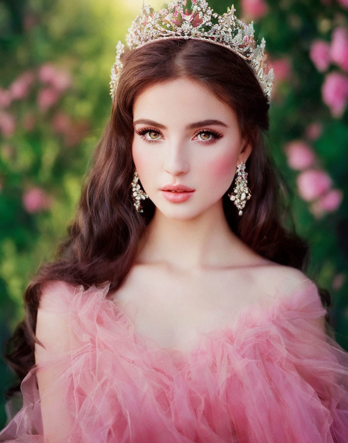 Woman in tiara and pink tulle dress with floral backdrop.