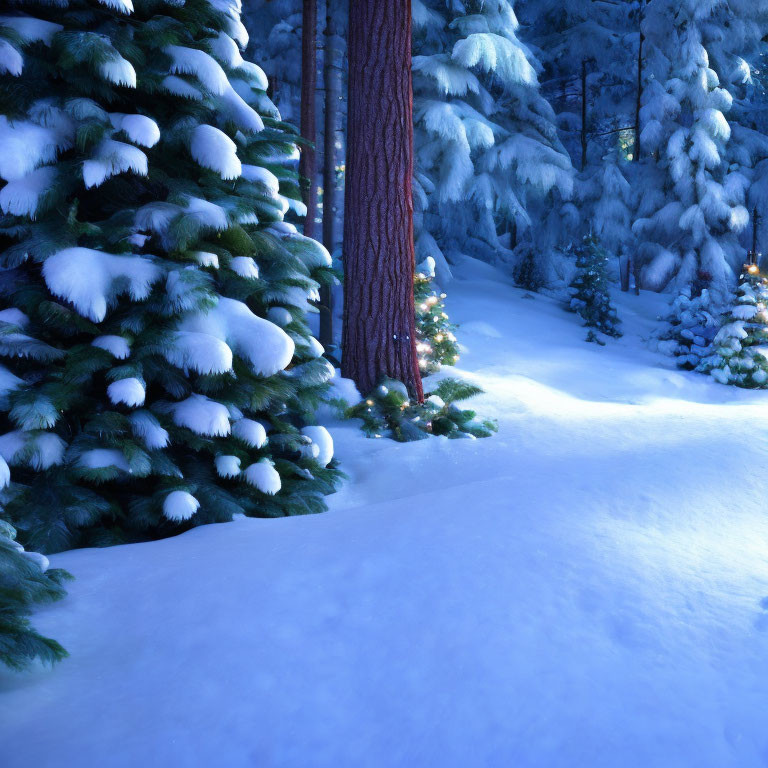 Winter forest scene with snow-covered fir trees and soft blue light