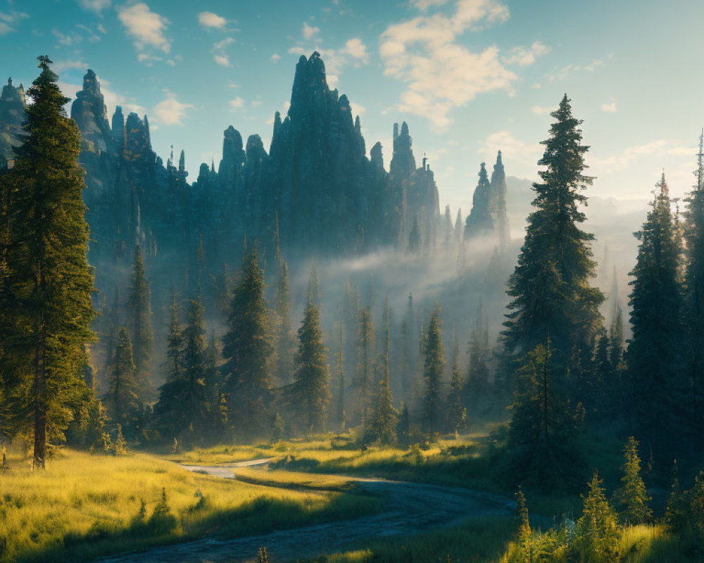 Tranquil forest scene with winding path, towering rock spires, and soft morning light.