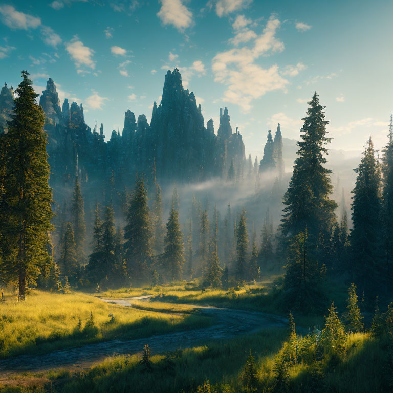 Tranquil forest scene with winding path, towering rock spires, and soft morning light.