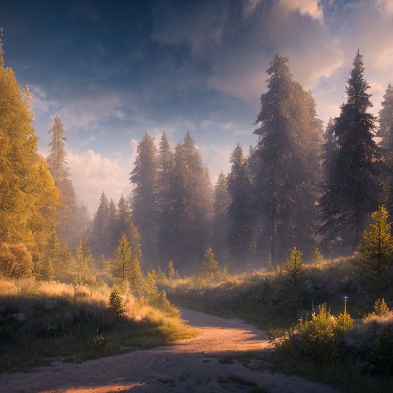 Tranquil forest path at sunrise with misty pine trees