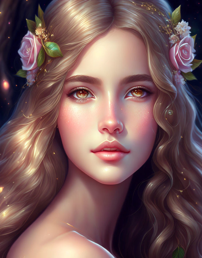 Blonde Woman Portrait with Pink Flowers and Sparkling Eyes