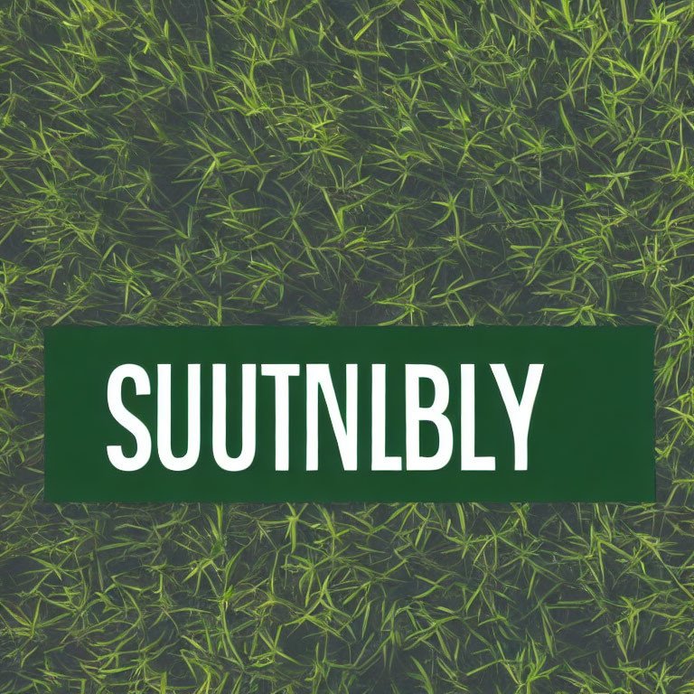 Green Sign with "SUUTNLBLY" on Dense Grass Background