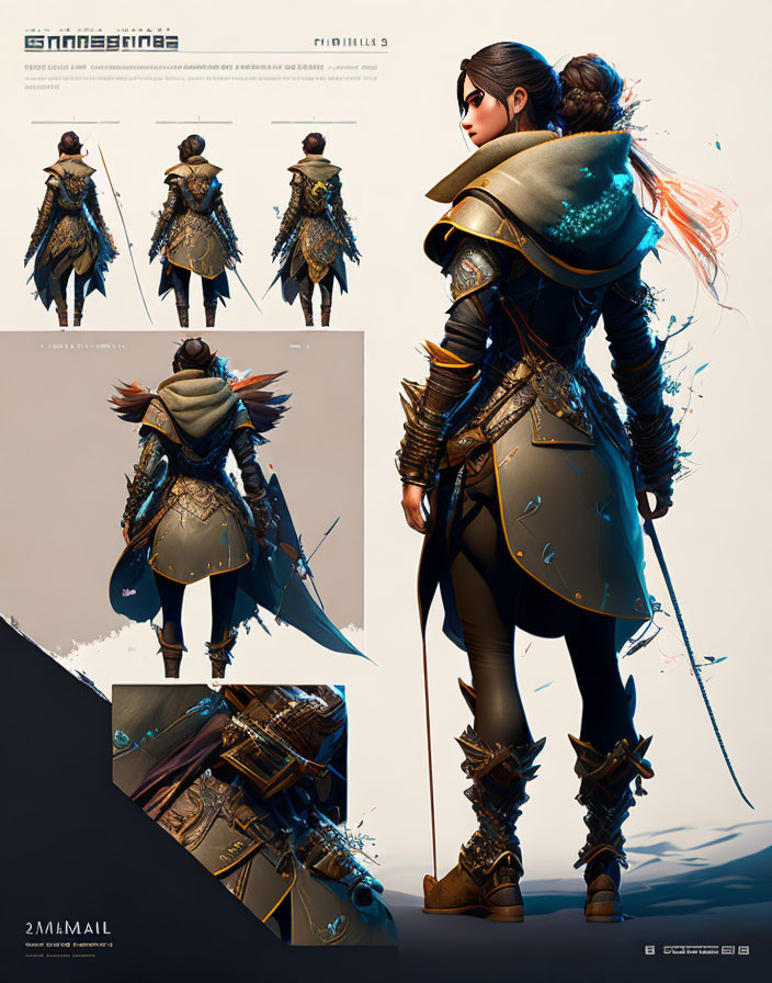 Female character in ornate armor with cloak and feathered shoulders - Detailed Concept Art