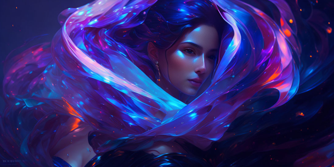 Digital Artwork: Woman with Flowing Hair in Blue and Purple Iridescent Waves
