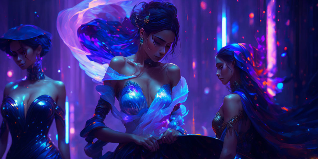 Ethereal women in luminescent dresses with flowing hair amidst neon rain