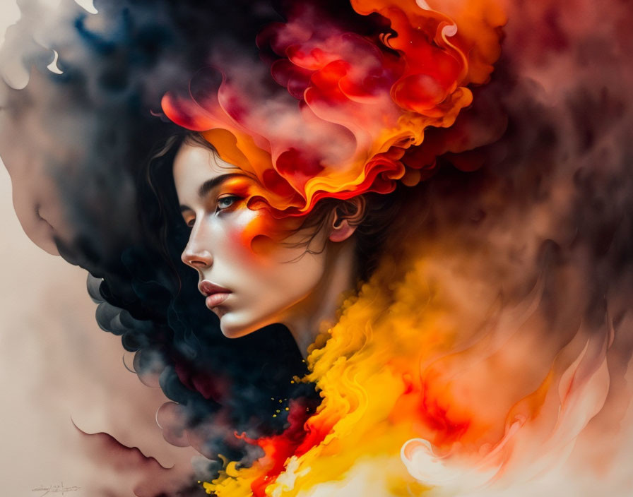 Vibrant depiction of woman with fire-like colors swirling around her head