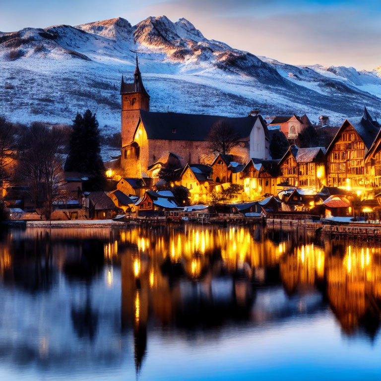 Twilight scene: Snowy mountains and lakeside village with illuminated buildings
