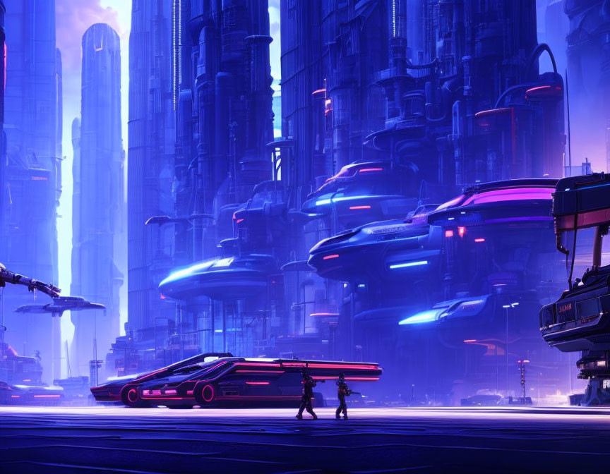 Futuristic cityscape with skyscrapers, neon lights, flying vehicles, and silhouet