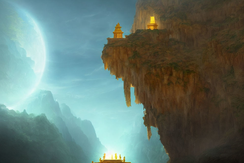 Mystical floating mountain with illuminated temples above canyon at night