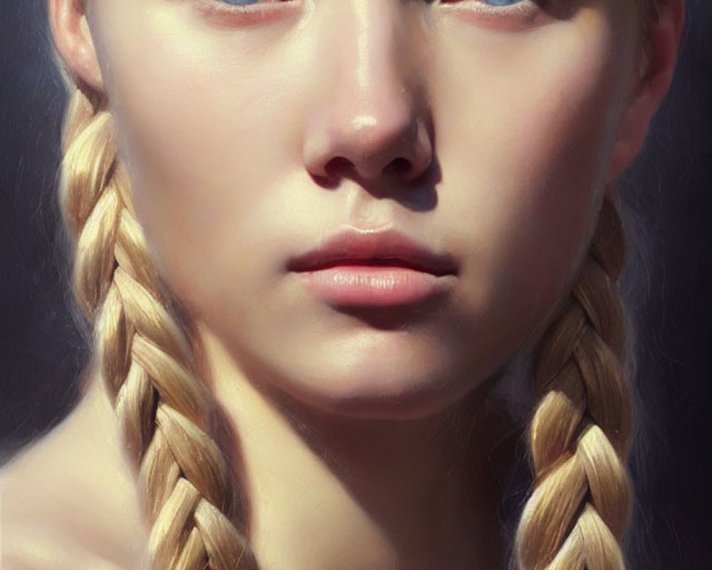 Digital portrait of a woman with pale skin, intense blue eyes, and long, braided blonde hair