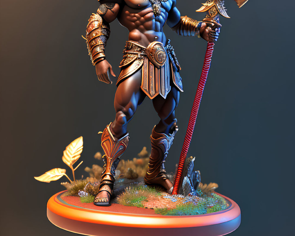 Blue-skinned fantasy warrior statue in ornate gold-trimmed armor with double-bladed axe on