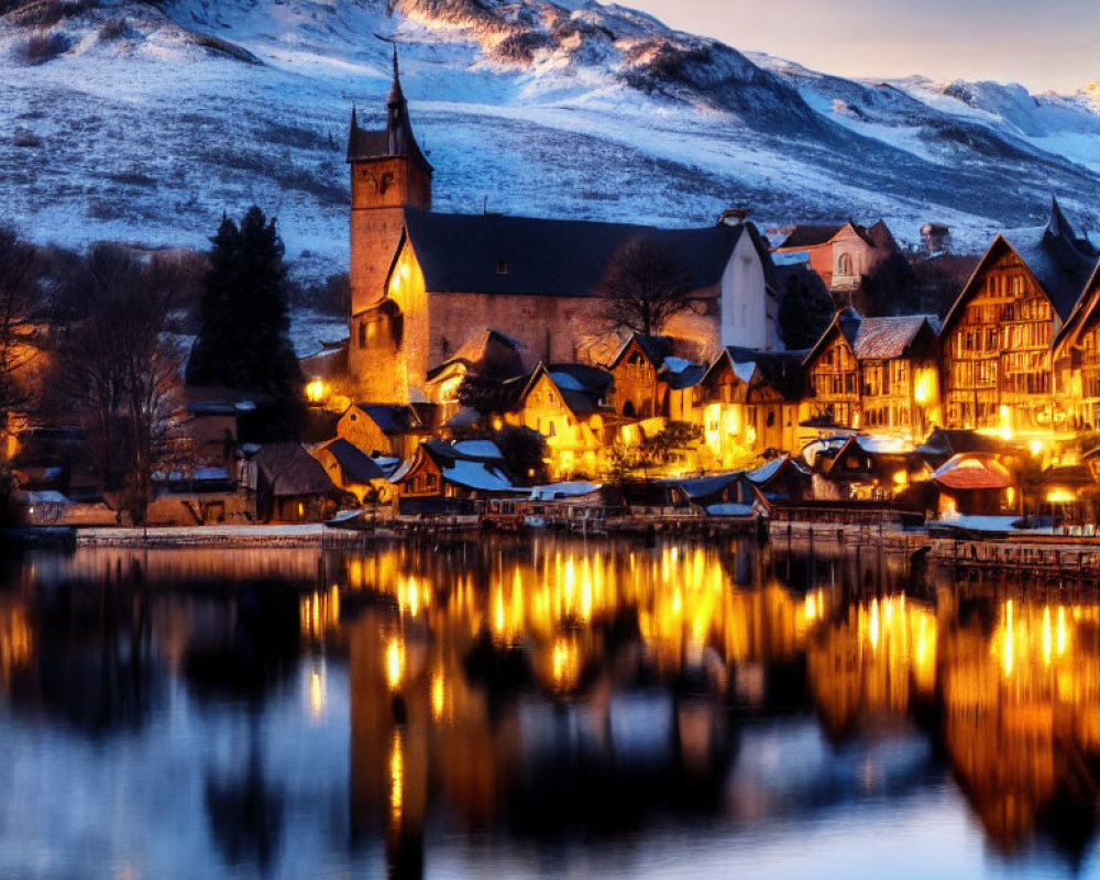 Twilight scene: Snowy mountains and lakeside village with illuminated buildings