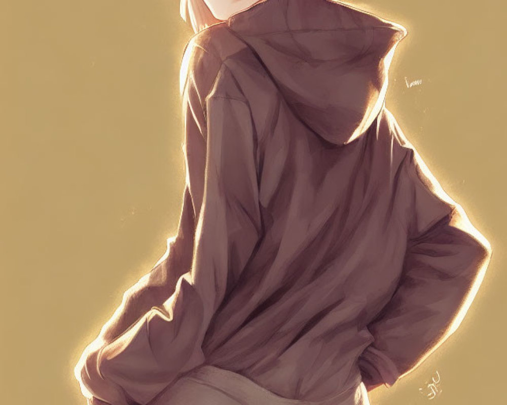 Anime-style illustration: Person in oversized hoodie with light hair on yellow background