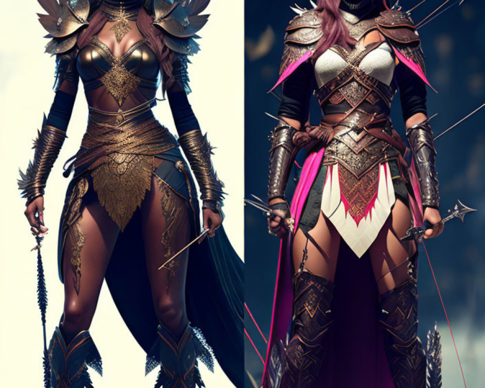 Fantasy warrior women in ornate armor with bow and sword.