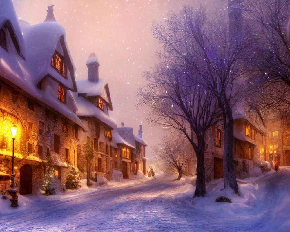 Snow-covered village street at twilight with warmly lit windows, cobblestone road, falling snowflakes