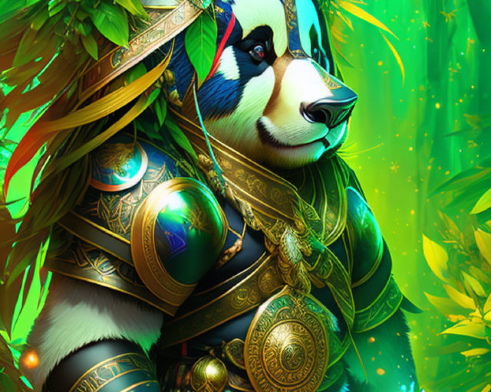 Colorful Digital Artwork: Anthropomorphic Panda in Golden Armor among Green Foliage