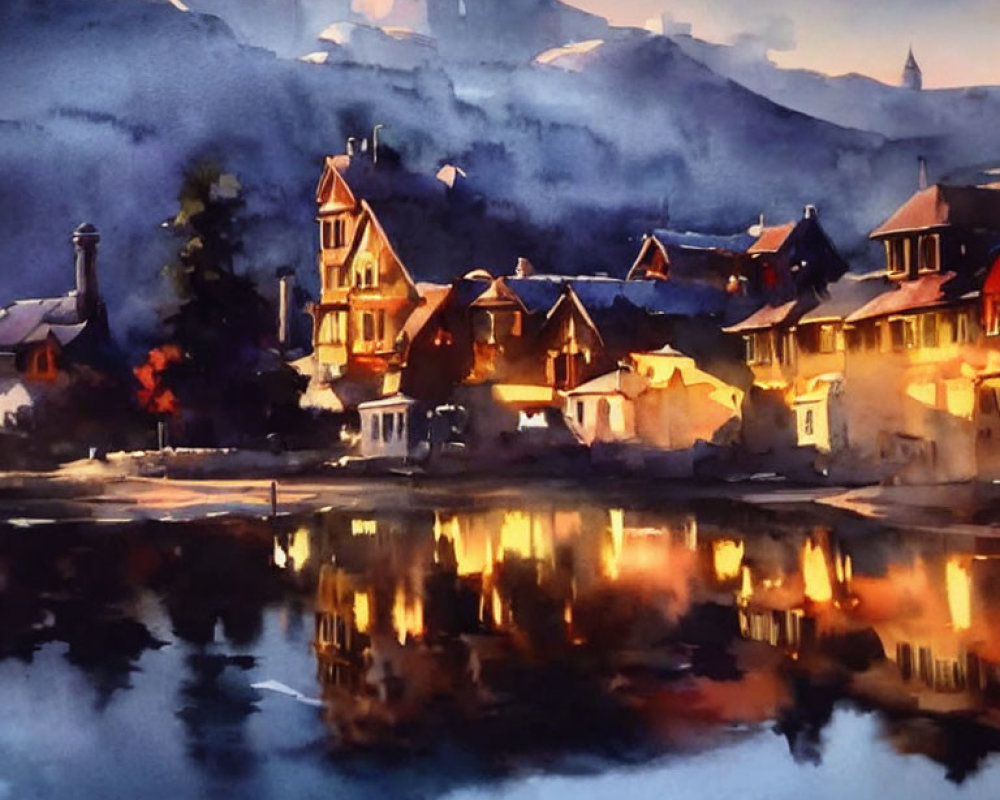 Twilight European village watercolor painting with river, mountains, and castle
