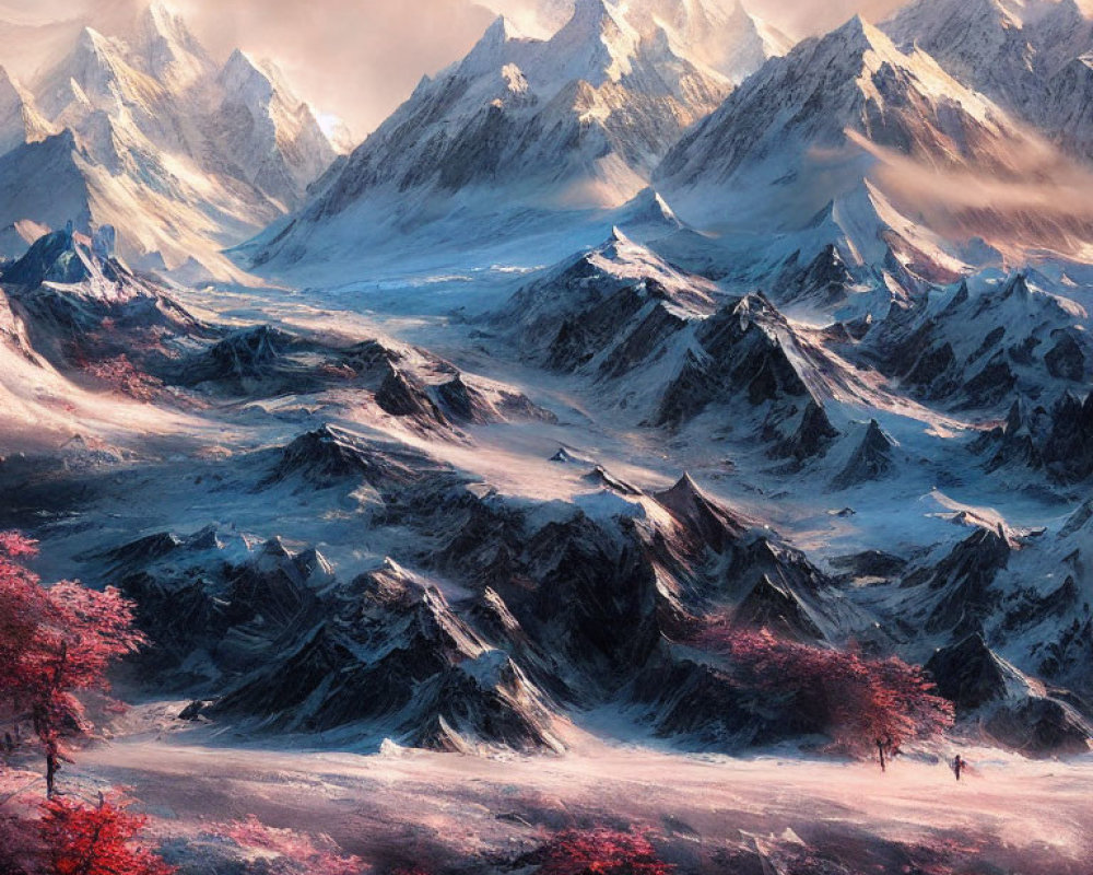Snow-capped mountain peaks and pink-leaved trees in stunning landscape.