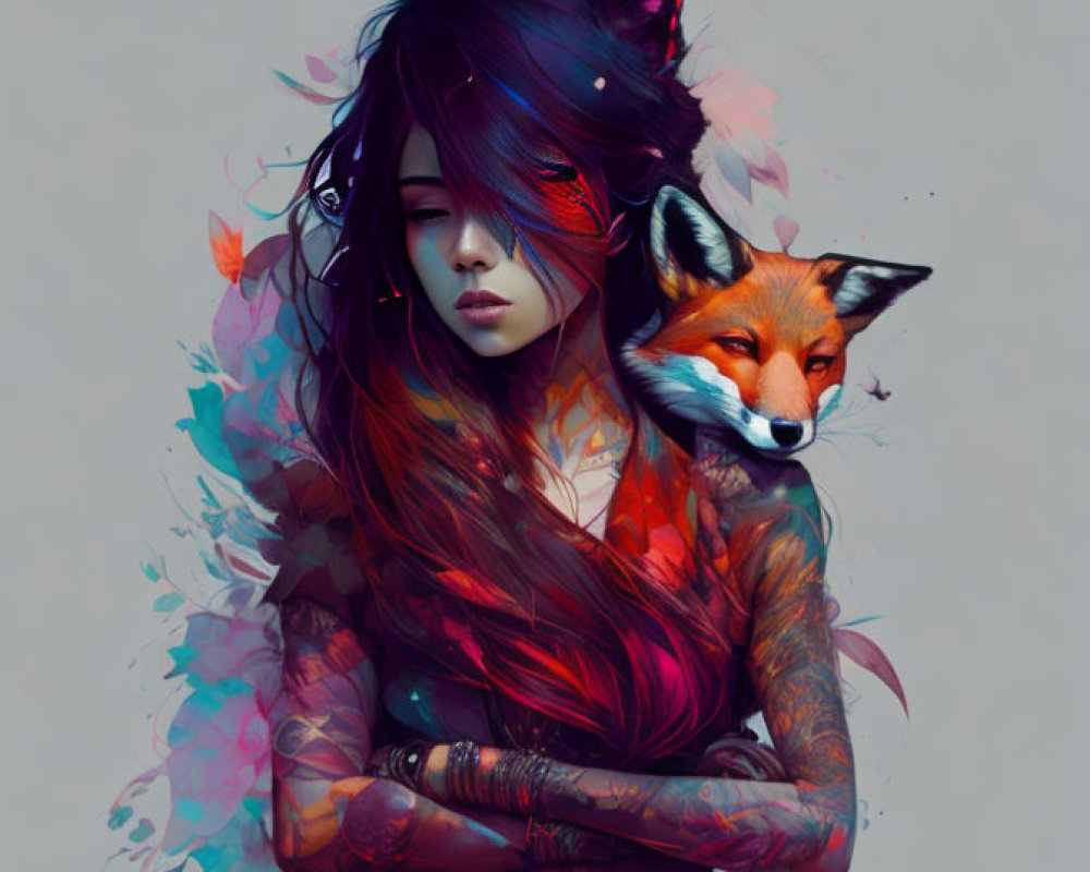 Digital artwork featuring tattooed woman with fox head and vibrant hair.