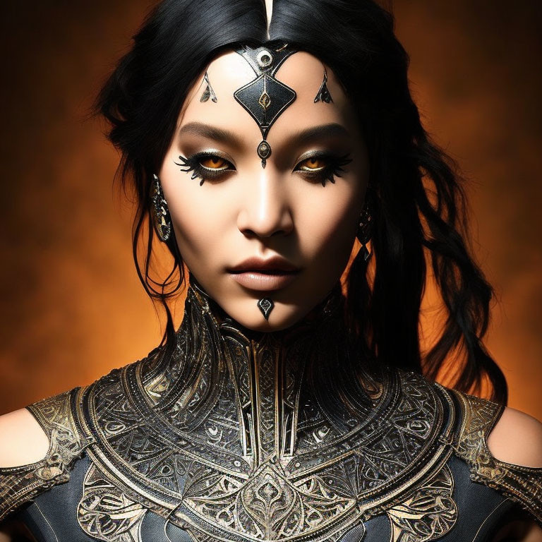 Woman in Dramatic Makeup and Elaborate Head Jewelry Wearing Black and Gold Armor on Amber Background