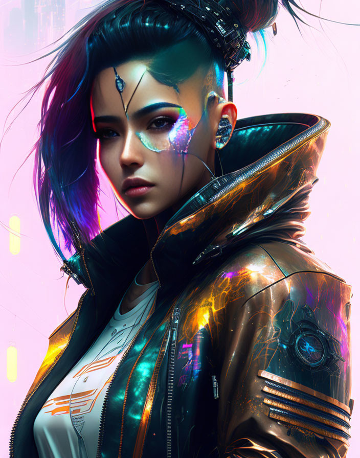 Cyberpunk digital art: Woman with blue hair, face tattoos, headphones, metallic jacket in neon
