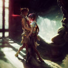 Fantasy realm animated characters in loving gaze under soft light