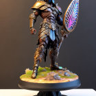 Blue-skinned fantasy warrior statue in ornate gold-trimmed armor with double-bladed axe on