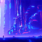 Futuristic cityscape with skyscrapers, neon lights, flying vehicles, and silhouet