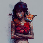 Digital artwork featuring tattooed woman with fox head and vibrant hair.