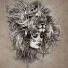 Surreal portrait of woman with lion's mane, detailed and neutral palette