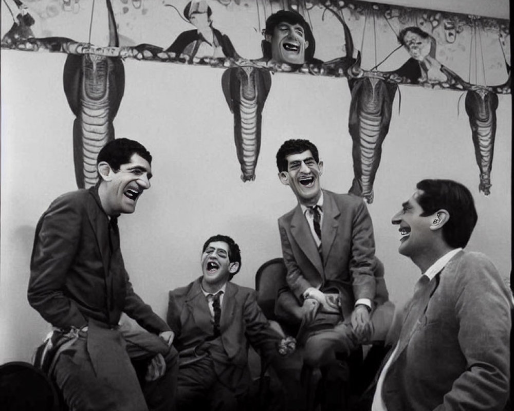 Four men laughing in front of backdrop with man in multiple poses