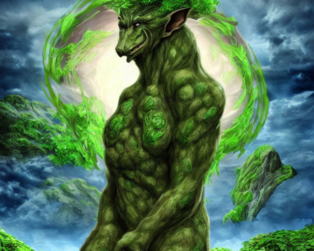 Green tree-like creature with glowing energy sphere in mystical landscape