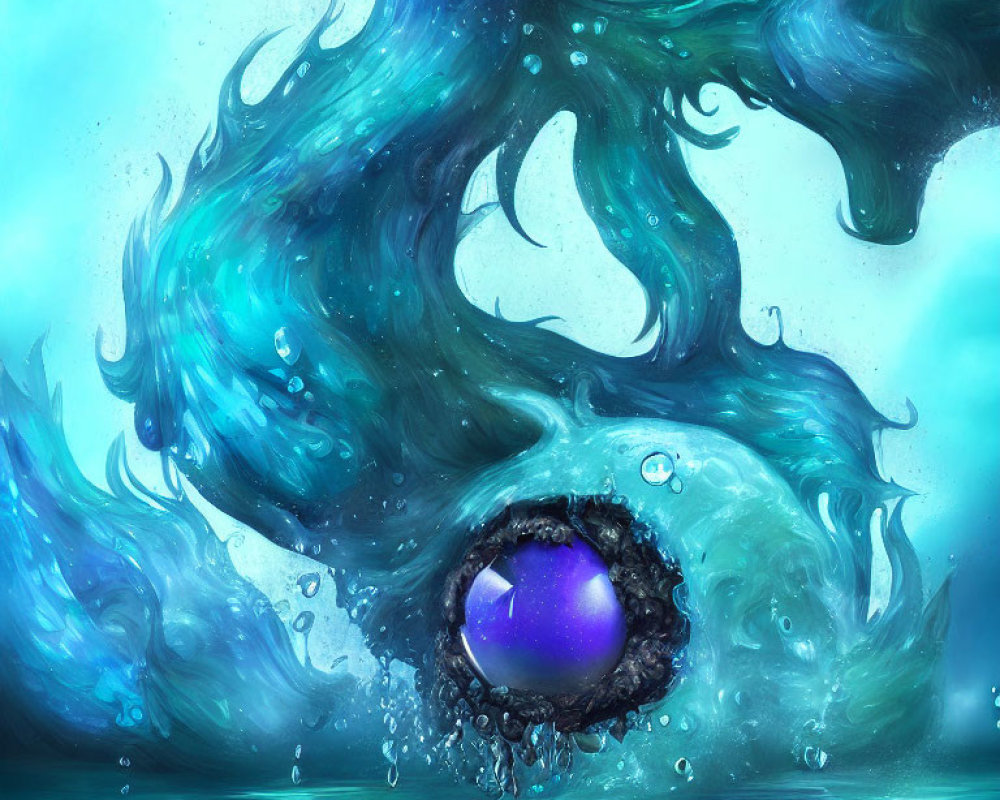 Stylized digital artwork of blue and turquoise wave around a purple orb