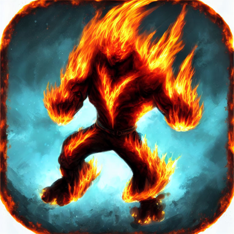 Muscular fiery entity engulfed in flames on blue background.