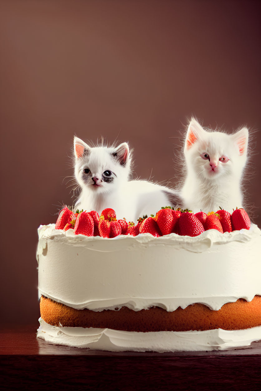 White kittens on strawberry cake against brown background