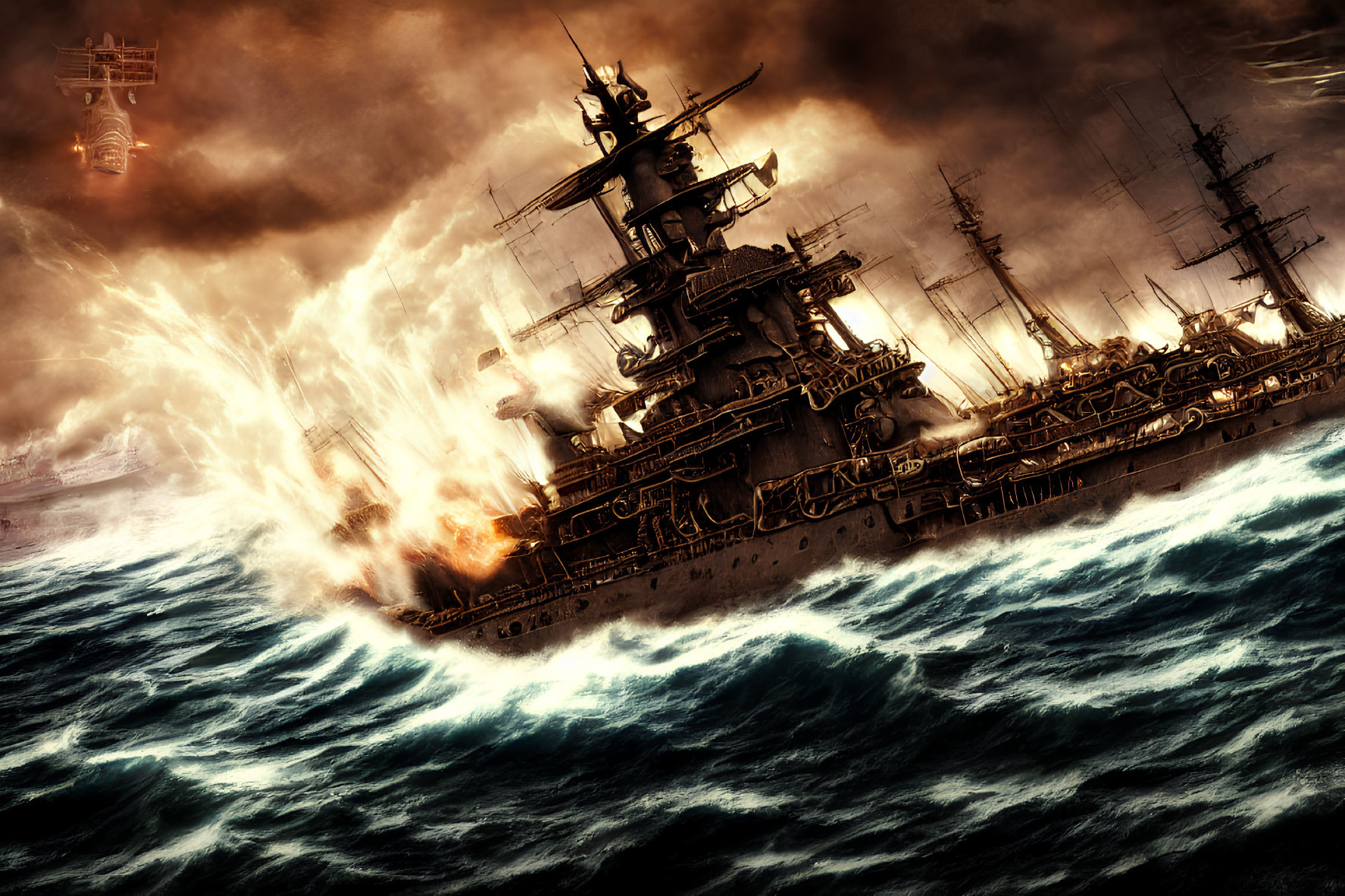 Digital artwork: Naval battle scene with warships, explosions, and stormy sky