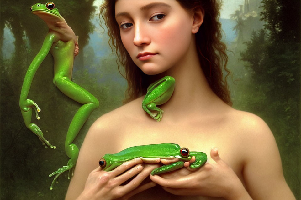 Serene woman with green frogs in forest setting
