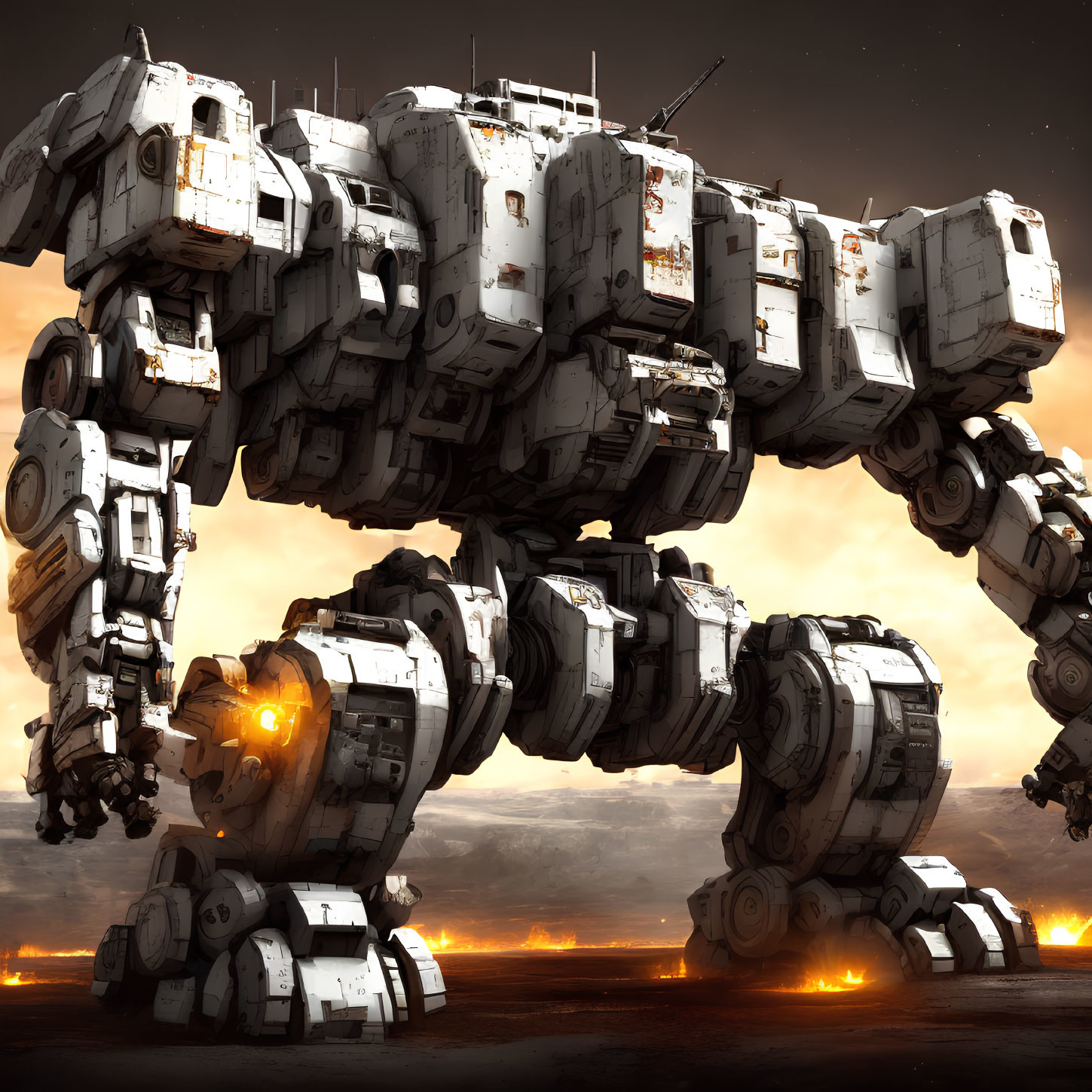 Gigantic mech on dystopian battlefield with scarred armor and flames