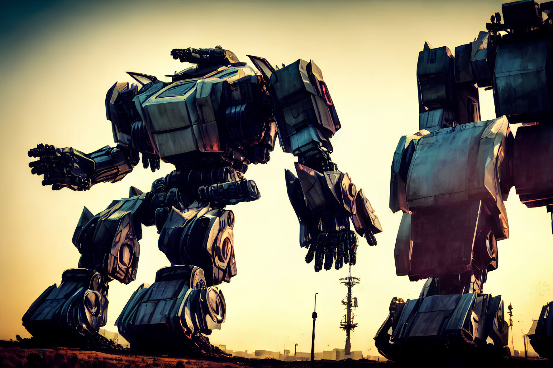 Two large bipedal robots in futuristic battlefield scene against orange-tinted sky.
