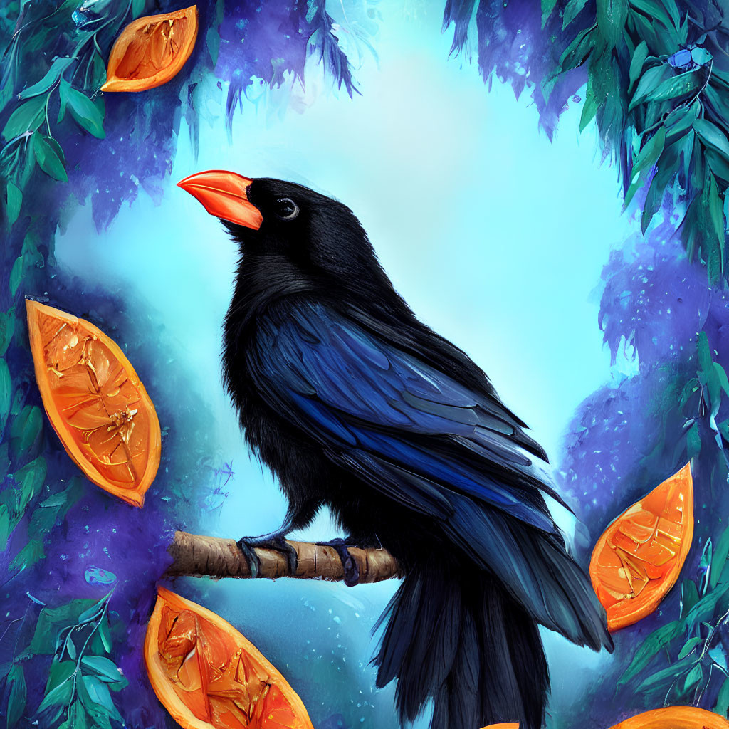 Colorful Illustration of Black Bird with Orange Beak on Branch surrounded by Orange Slices and Green