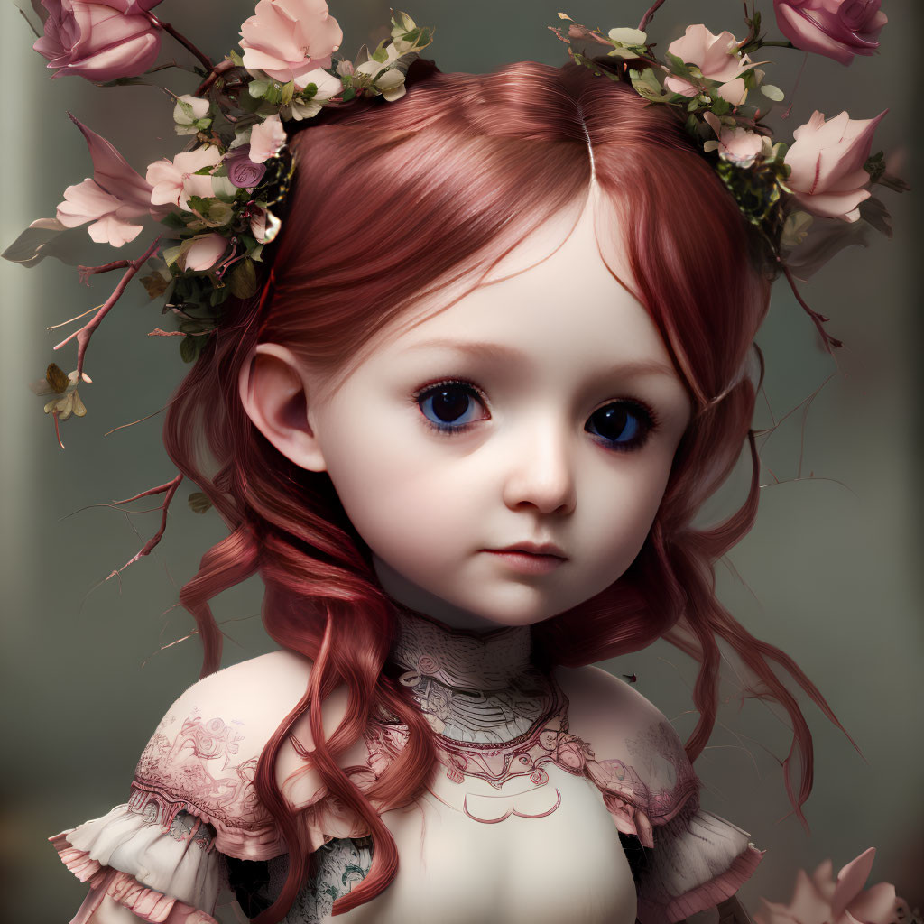 Digital artwork featuring young girl with blue eyes, red hair, and floral crown